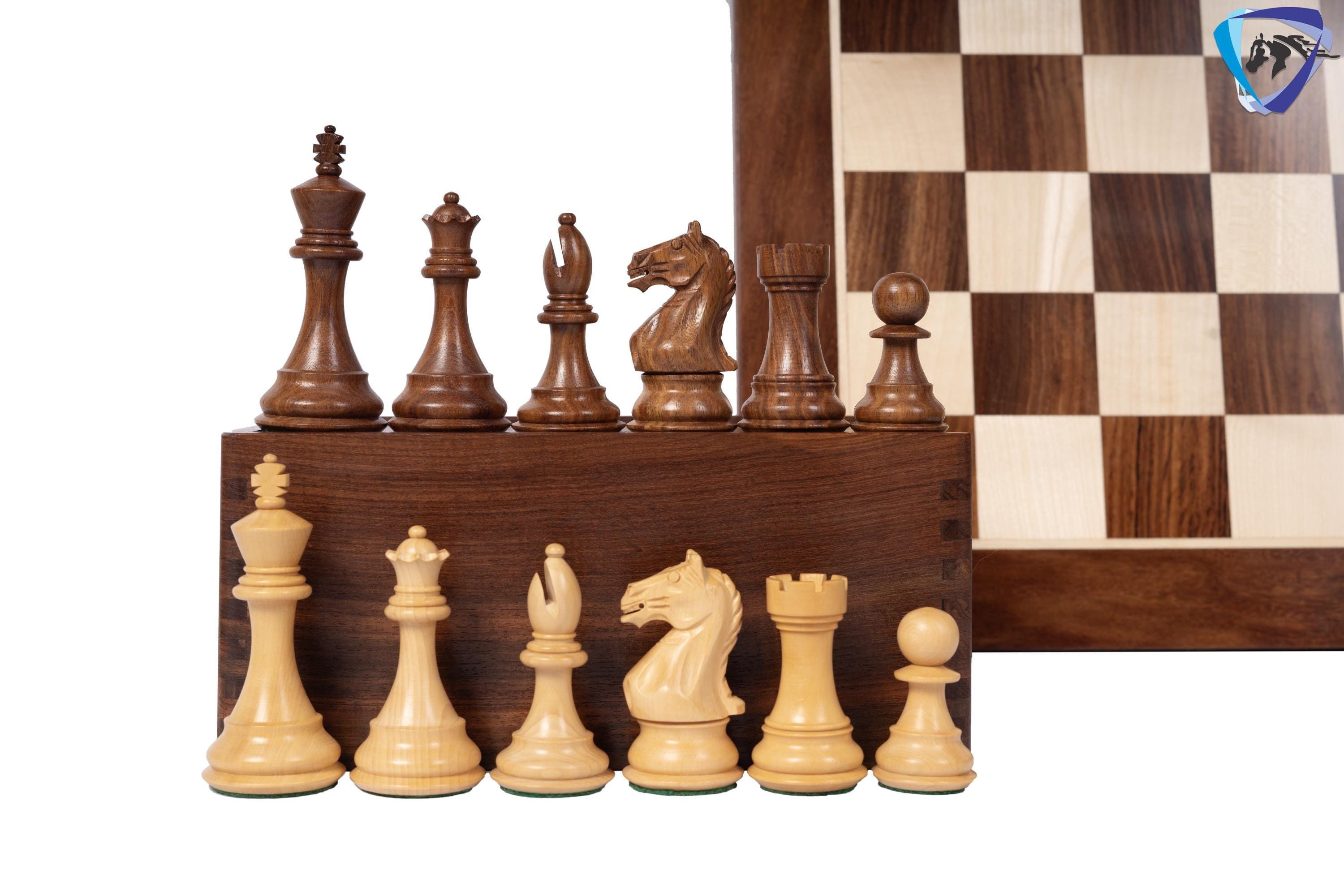 4" Fierce Knight Staunton Chess pieces Set in Golden Rosewood + 21" Golden rosewood(sheesham) Chess Board + Solid wood chess Storage Box