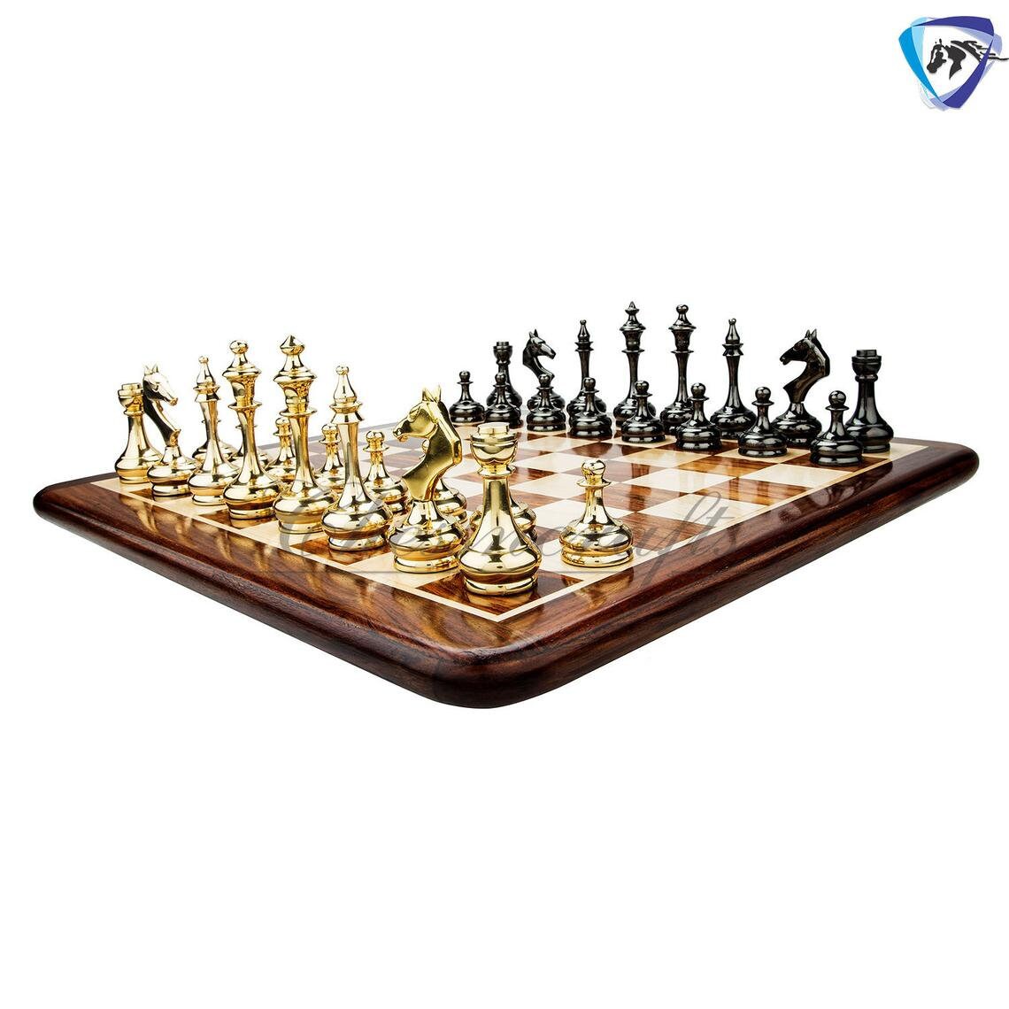Soviet Inspired Brass Metal Luxury Chess Pieces & Board Set- 14