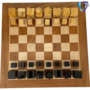 1923 Bauhaus Chess pieces set made of Ebonised Boxwood with King: 2 vintage chess set with 14 Golden Rosewood chess board set. image 9