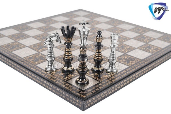 Soviet Inspired Brass Metal Luxury Chess Pieces & Board Set