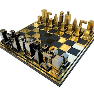 14&quot; Metal chess Board Set- BAUHAUS INSPIRED Unique design-Black & Silver/Gold Metal Chess pieces-Chess gift- Luxury Metal chess Set