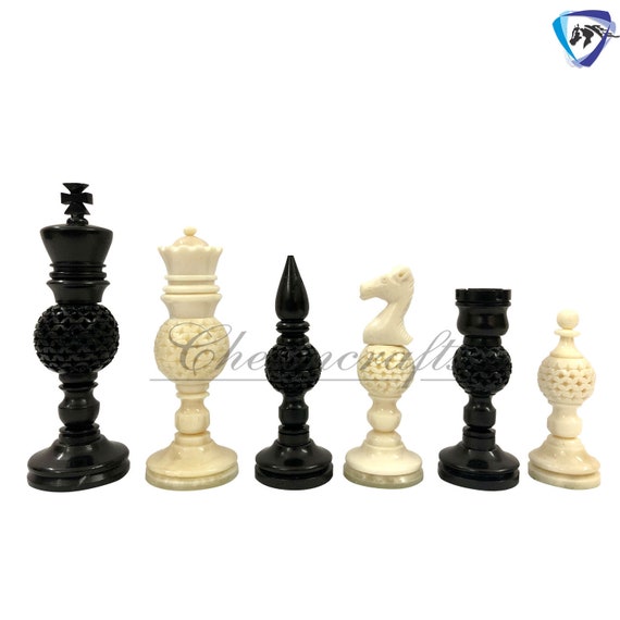 4.1″ New English Hand Carved Camel Bone Chess Pieces Set-Black