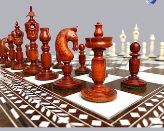 Combo Luxury Camel Bone Chess pieces Set ANTIQUE- White & 18" INLAY Art work Wooden folding chess board set.