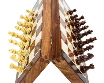 Set di scacchi da viaggio magnetico pieghevole in legno Palissandro dorato Realizzato a mano con pezzi degli scacchi Staunton + speciali slot di stoccaggio nella tavola