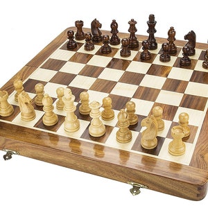 16&quot; Folding Wooden Magnetic Travel chess board game set with Staunton chess pieces Sheeshamwood /Golden Rosewood