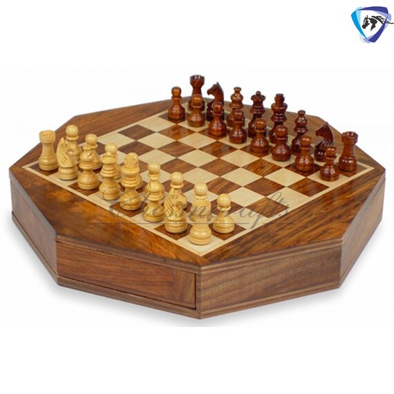 Octagon Wooden Magnetic Travel Chess Board Game Set W/ Drawer - Etsy