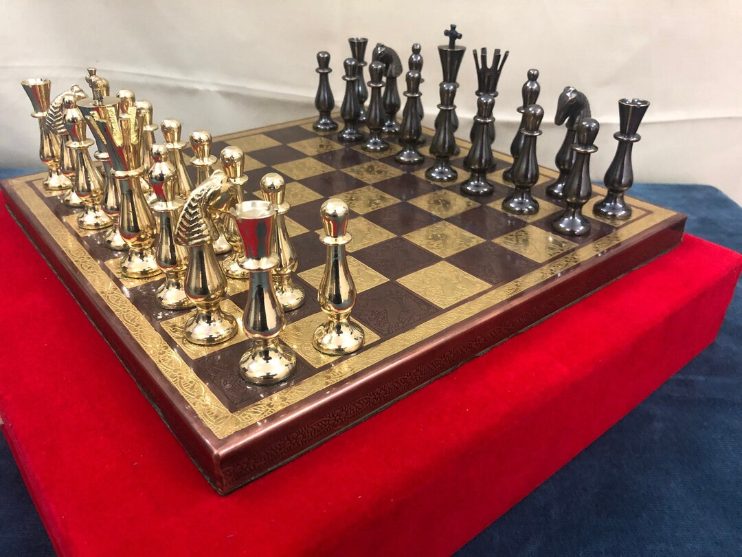 14 Brass Metal Chess Set With Brass Chess Board and Velvet Storage Box ...