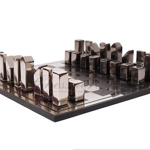14&quot; Metal chess Board Set- LANIER GRAHAM 1966 Repro Unique design-Black & Silver Metal Chess pieces-Chess gift- Luxury Metal chess Set