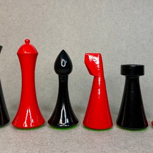 Reproduced Hermann Ohme Minimalist Modern Mid Century Chess Pieces in Red & Black Painted Boxwood-King 3.75&quot;- Weighted chess coins