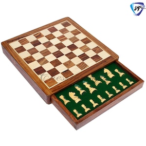 Wooden Magnetic Travel chess board game set flat w/ Drawer Golden Rosewood Hand crafted with Staunton Chess men + storage + Personalisation