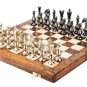 14&quot; Brass Chess pieces set classical Sleek luxury Collector series King: 3.5&quot; antique collector series with Rosewood Folding chess board.