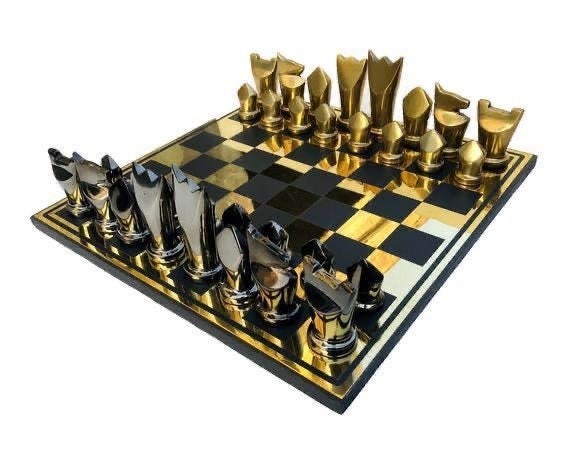 14 Metal Chess Board Set Black & Gold EGYPTION GOLD 