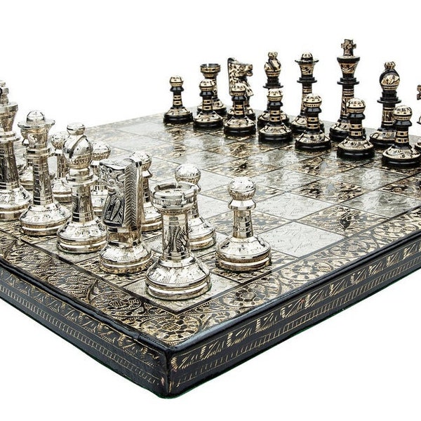 14" Brass Chess Board Set Hand Carved with Brass Staunton chess pieces with storage box | Chess Gift | Other size options: 12" & 10"