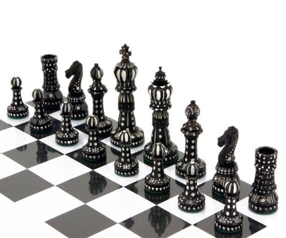 Bone Chess Set- Black and Coral- Bone Chess Board with Pieces- 20