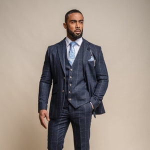 Mens Windowpane Check Slim Fit Navy Blue 3 Piece Suit Set