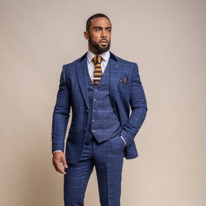 Mens Tweed Houndstooth Check Suit Blazer Jacket Waistcoat Trousers Slim Fit Retro Sold Separately Set in Navy Blue