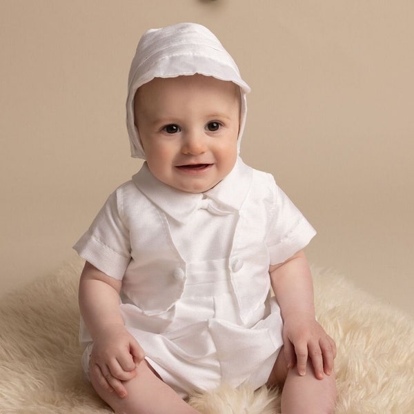 Baby Boys White Christening Romper with Bonnet - Baptism Outfit Set for Infants