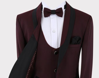 Boys Tuxedo Suit 6 Piece Complete Set In Burgundy