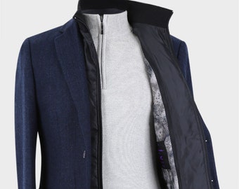 Men’s Wool  Herringbone Tweed  Slim Fit Casual Winter Coat with Removable Zipper in Navy Blue