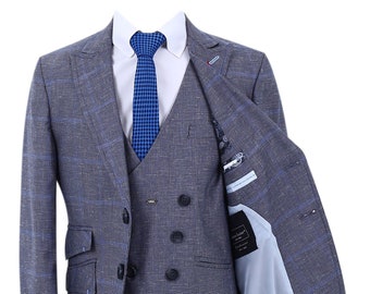 Festliche 3-teiliger Anzug mit Fensterscheibe und Karomuster für Jungen in Grau