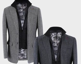 Men’s Wool Herringbone Tweed Winter Fitted Blazer Jacket with Removable Zipper in Grey or Black