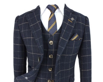 Cavani Boys Navy Blue Wool Blend Check Tweed Shelby Suit