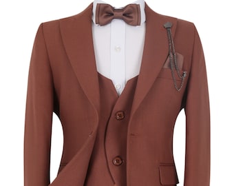 Boys Kids Slim Fit Wedding Suits Herringbone Formal Pageboy Prom 8 Piece All in One Suit in Cinnamon Brown