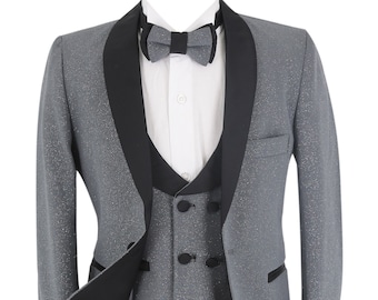 Slim Fit Glitzer-Smoking-Hochzeitsanzug für Jungen, 5-teiliges Komplettset in Grau