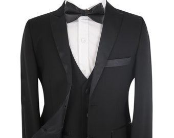 Boys Pageboy Tuxedo Dinner Suit, 5 Piece Complete Wedding Prom Outfit in Black