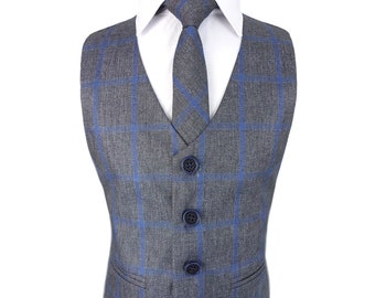 Boys Tweed Windowpane Check Cotton Grey Blue Waistcoat Wedding Formal Smart Casual Set Active