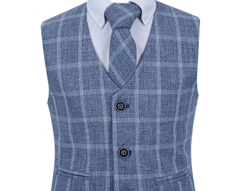 Boys Tweed Windowpane Check Cotton Grey Blue Waistcoat Wedding Formal Smart Casual Set