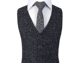 Boys Tweed Waistcoat Dotted Navy Blue Wedding Pageboy Smart Casual Vest Set