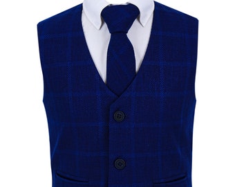Boys Tweed Windowpane Check Cotton Dark Blue Waistcoat Wedding Formal Smart Casual Set
