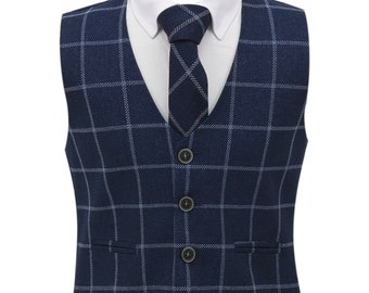 Boys Tweed Windowpane Check Cotton Dark Navy Waistcoat Wedding Formal Smart Casual Set Active