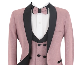 Slim Fit Glitzer-Smoking-Hochzeitsanzug für Jungen, 5-teiliges Komplettset in Blush Pink