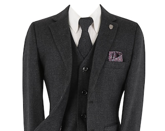 Boys Tweed Husky Sizes Dark Grey Suit Pageboy Tailored Fit  Formal Wedding Funeral Classic 5 Piece Set
