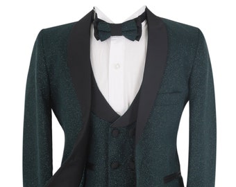 Boys’ Slim Fit Glitter Tuxedo Wedding Suit 5PC Full Set in Dark Green