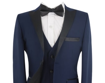 Garçons Pageboy Tuxedo Dinner Suit, Tenue complète de bal de mariage 5 pièces en bleu marine