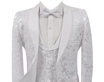 Sirri Boys’ Slim Fit Tuxedo Formal Patterned Suit Prom Communion Wedding 5 Piece Full Set in White