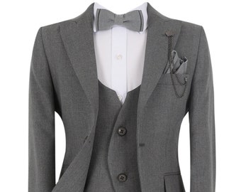 Boys Kids Slim Fit Wedding Suits Herringbone Formal Pageboy Prom 8 Piece All in One Suit in Grey