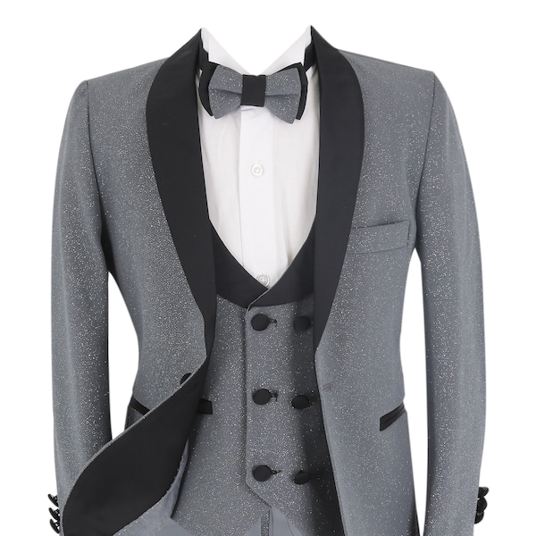 Ensemble complet de costume de mariage smoking à paillettes coupe slim pour garçon 5 pièces en gris