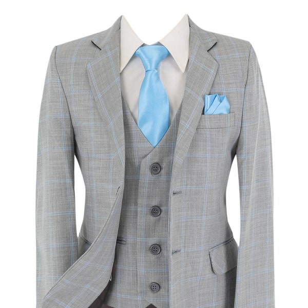 Boys Special Occasion Formal Windowpane 6 Piece Wedding Pageboy Check Suit in Grey