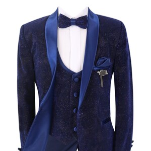 Boys Pageboy Shimmer Wedding Tuxedo Suit in Navy Blue Slim Fit 5 Piece Special Occasion Outfit