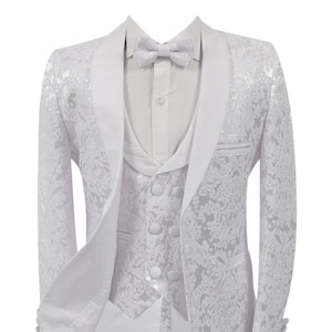 Sirri Boys’ Slim Fit Tuxedo Formal Patterned Suit Prom Communion Wedding 5 Piece Full Set in White