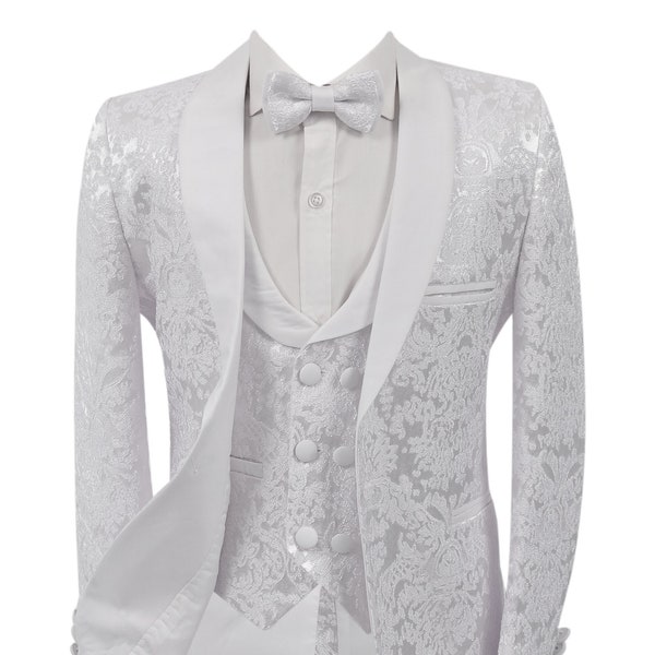 Sirri Garçons Slim Fit Tuxedo Costume Formel À Motifs Bal Communion Mariage Ensemble Complet De 5 Pièces En Blanc