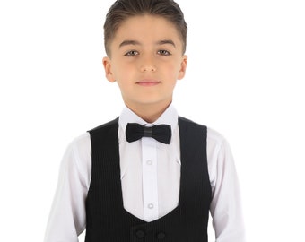 Boys Slim Fit U-Shaped Double-Breasted Corduroy Velvet Waistcoats in Black