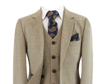 Boys’ Tweed Check Tailored Fit 3 Piece Formal Suit Set in Beige