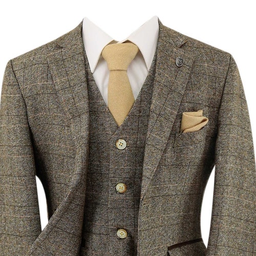 Boys Tweed Check Tailored Fit Beige Formal Suit - HOLLAND - Beige - Brown
