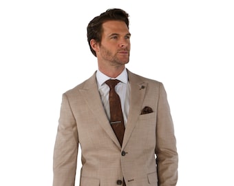 Premium Men's Tailored Fit Plaid Formal Beige Suit, for Weddings Business and Special Events