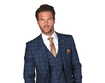 Men’s Hamleys Check Retro Plaid Navy Suit, 3 Piece Formal Set Sold Separately